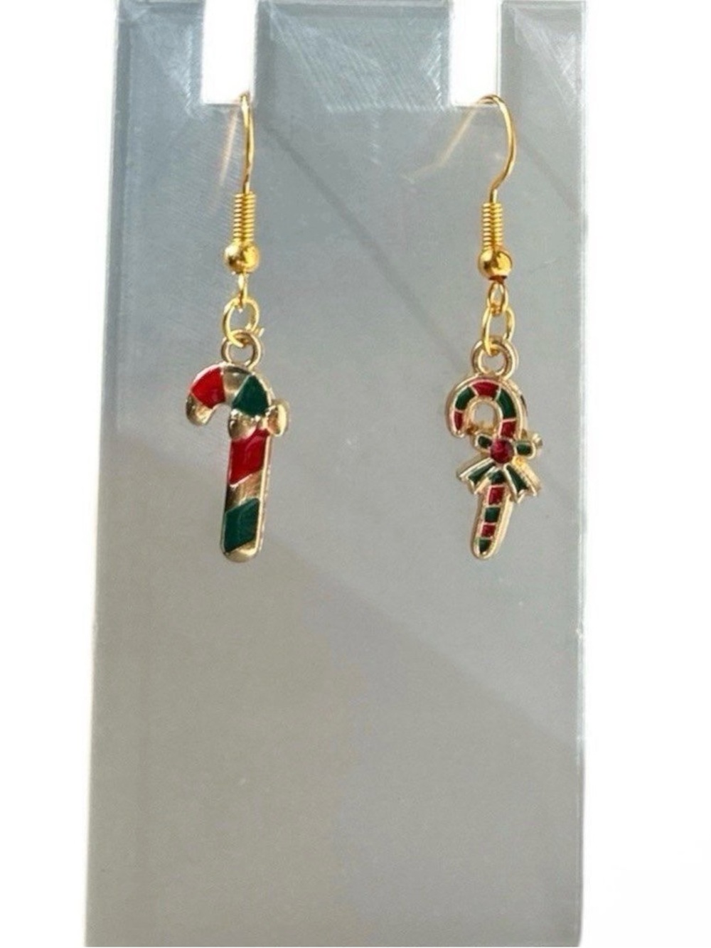 Christmas Candy Cane Dangle Earrings Mismatched Gold Tone Red Green Enamel